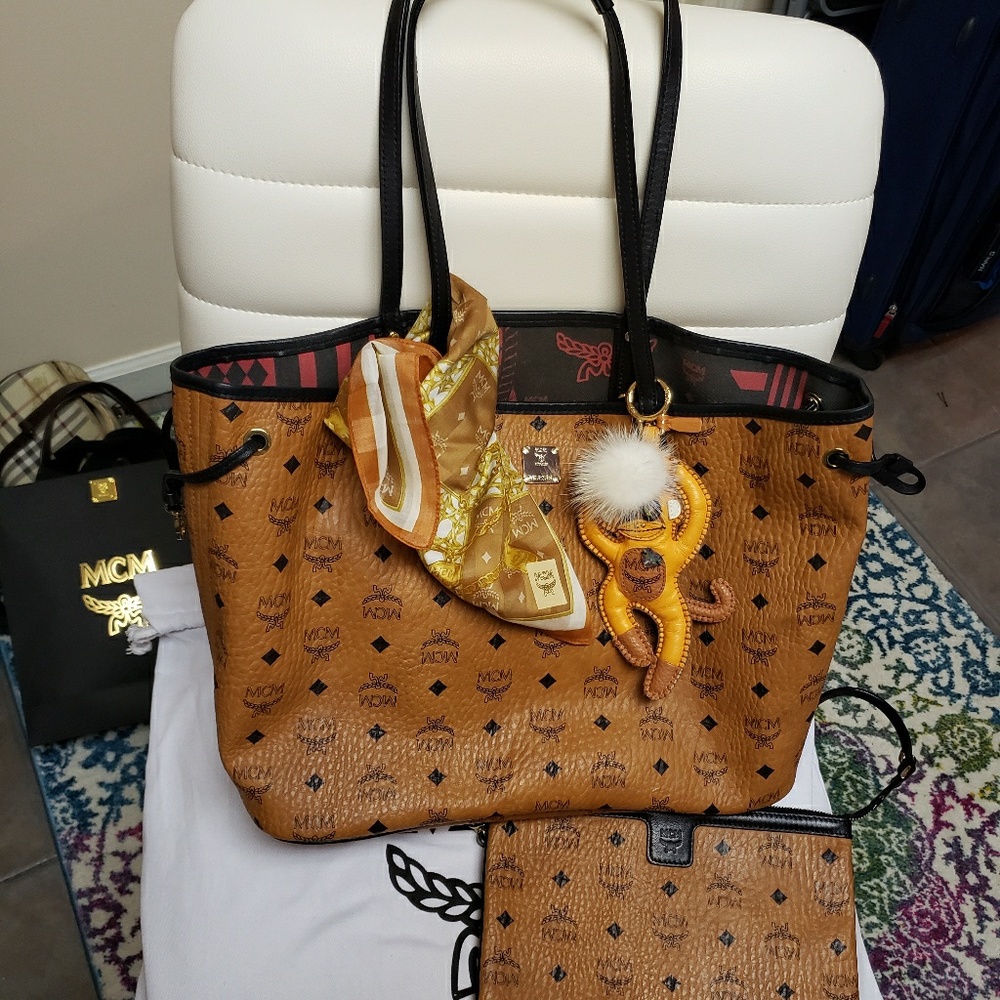 MCM Cognac Visetos Liz Tote Pouch Charm LOT